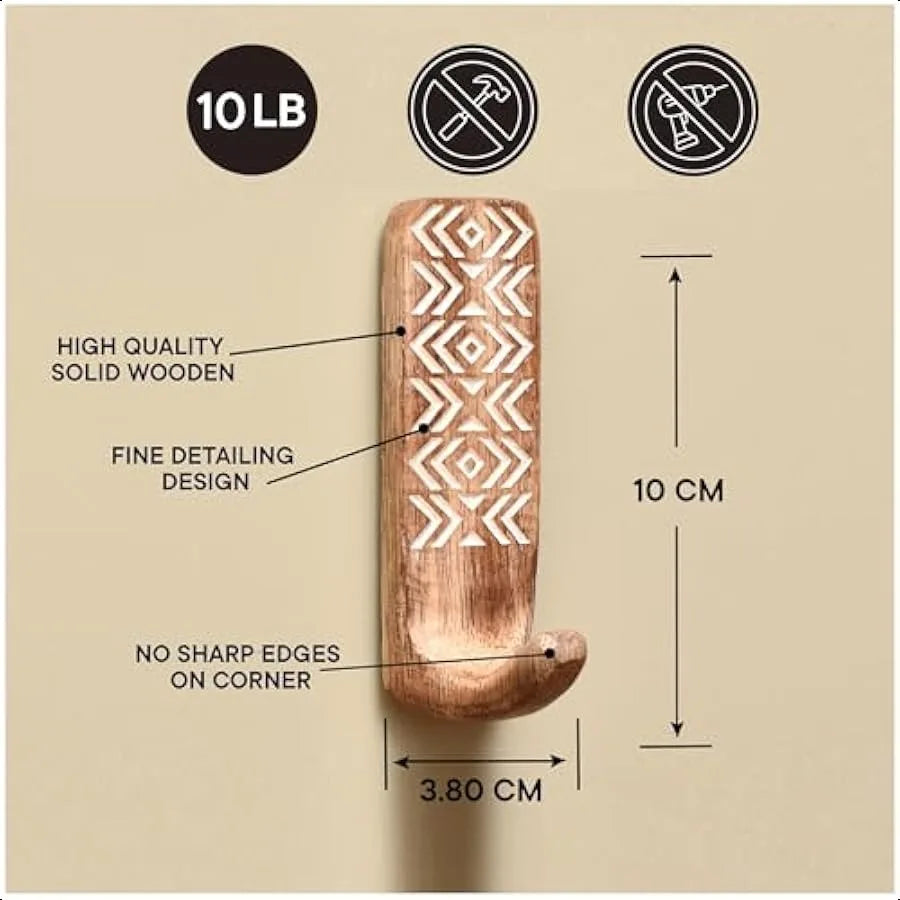 Boho decorative wood adhesive wall hooks for coats 3 6 strips waterproof rustproof towel holder nodrill hangers bathr