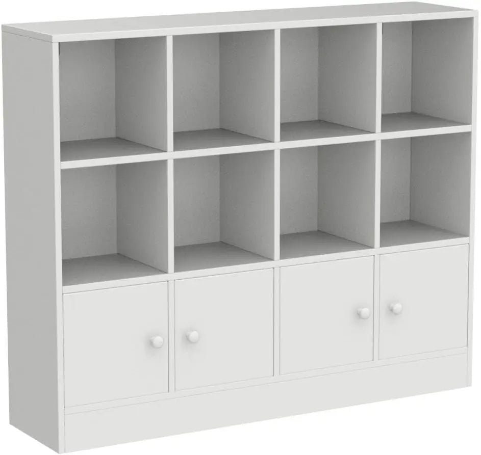 White wood bookcase,12 cube storage organizer bookshelf with 4 doors,3 tier cabinet adjustable shelves·hot sale