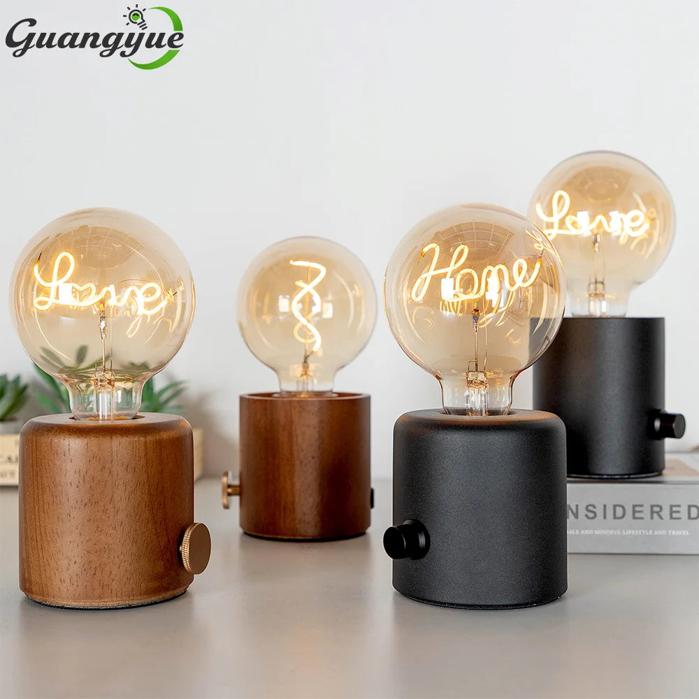 Vintage wood table lamp e27 night light eu plug for bedside desk base holder bedroom decor retro wooden lights
