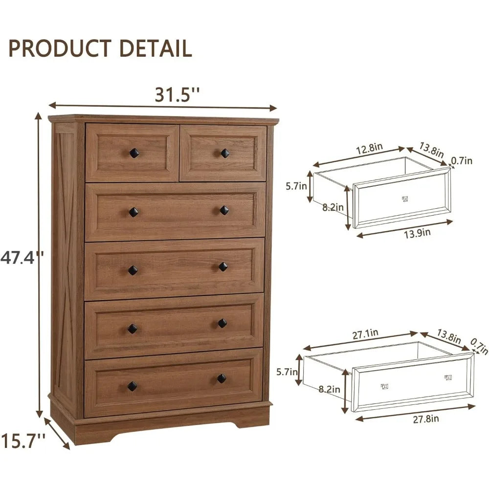 Farmhouse dresser for bedroom with 6 deep drawers modern tall chest of natural oak wood storage organizer d