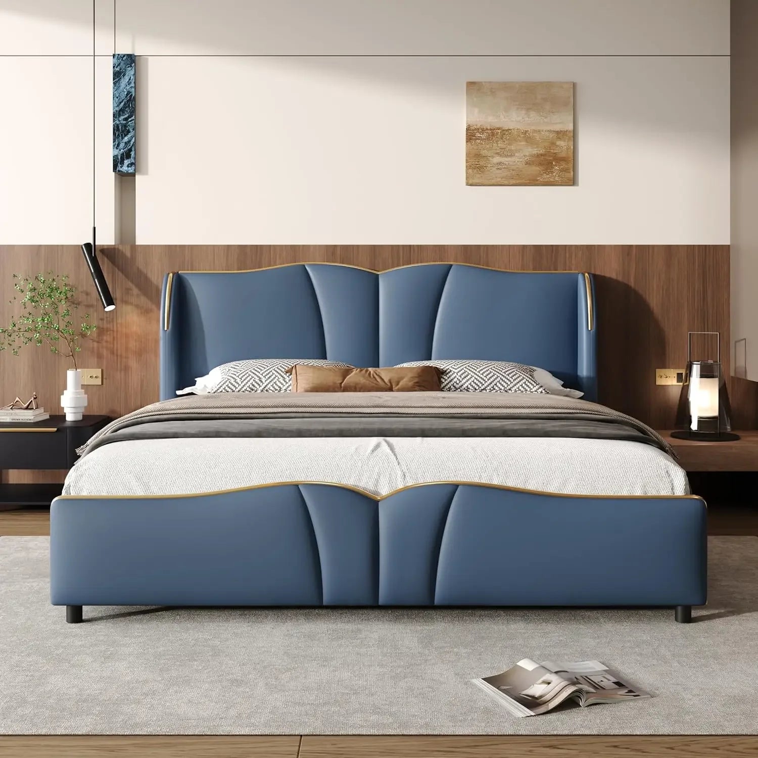 Modern luxury leather platform bed frame - wingback headboard & wavy footboard no box spring required - antique blue