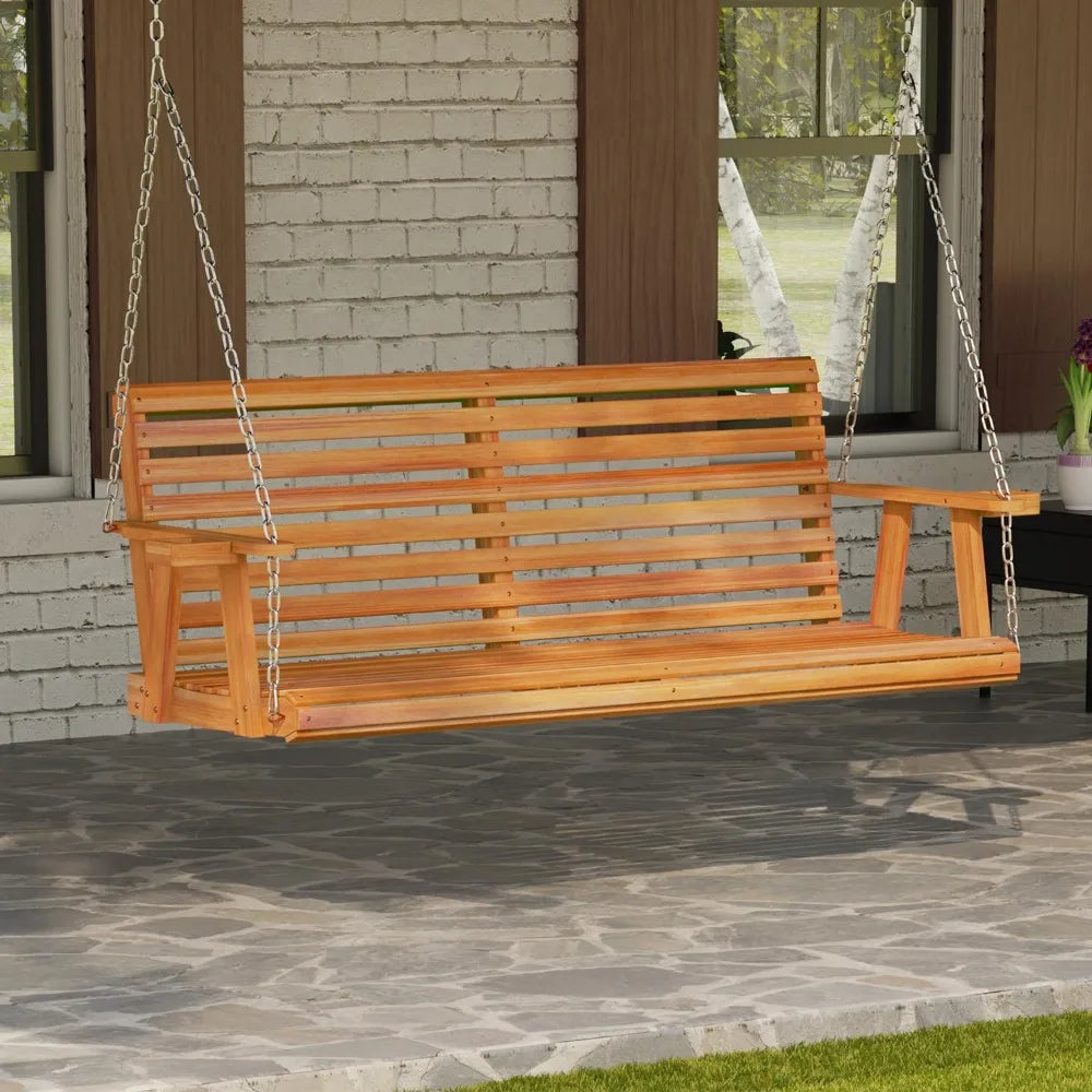 5.5ft wooden porch swing patio with cup holders & chains 880lbs weight capacity outdoor chair bench for courtyard