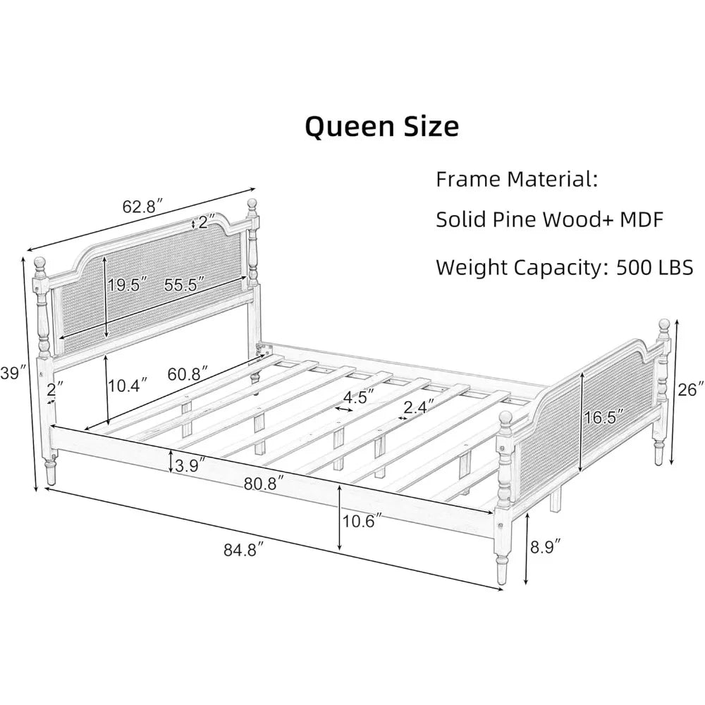 Merax platform bed frame with natural rattan headboard and footboard traditional style no box spring needed solid pine