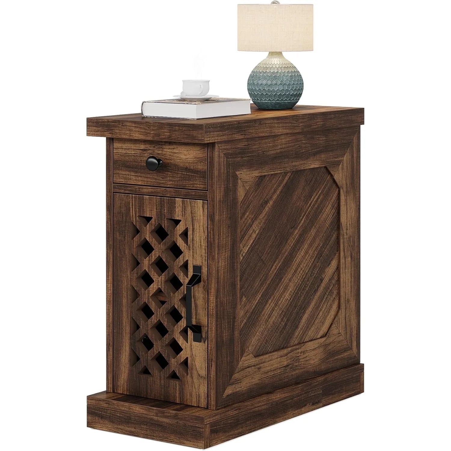 End table narrow side with drawer and cabinet farmhouse nightstand for small space living room bedroom - united states