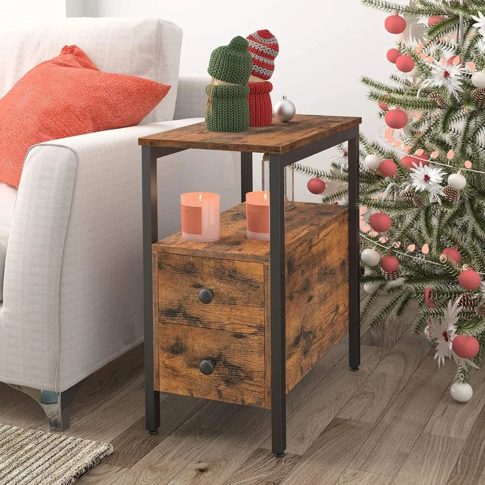 Narrow chairside table with drawer and shelf nightstand for small spaces stable sturdy - rustic brown blac / united