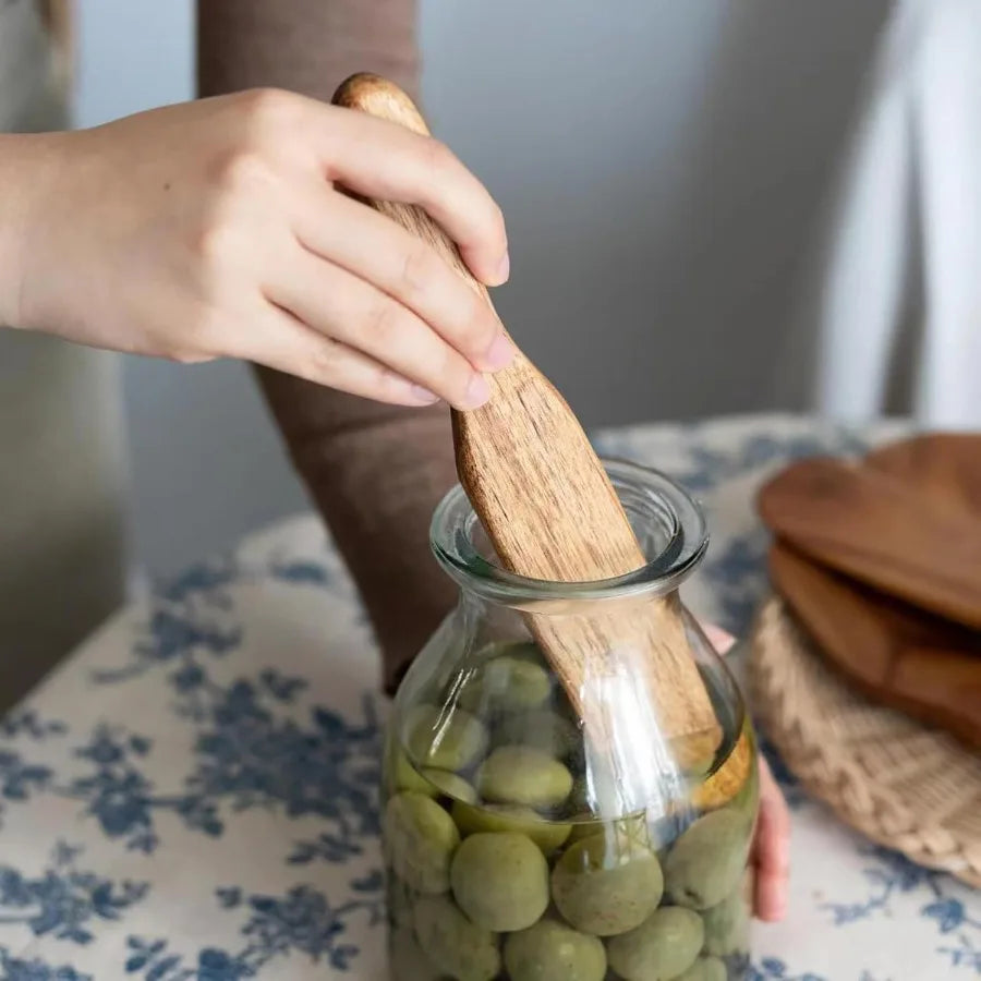 Wooden spatula for sourdough ter mixing cooking baking teak kitchen utensil with flat edge nonstick cookware jars bread