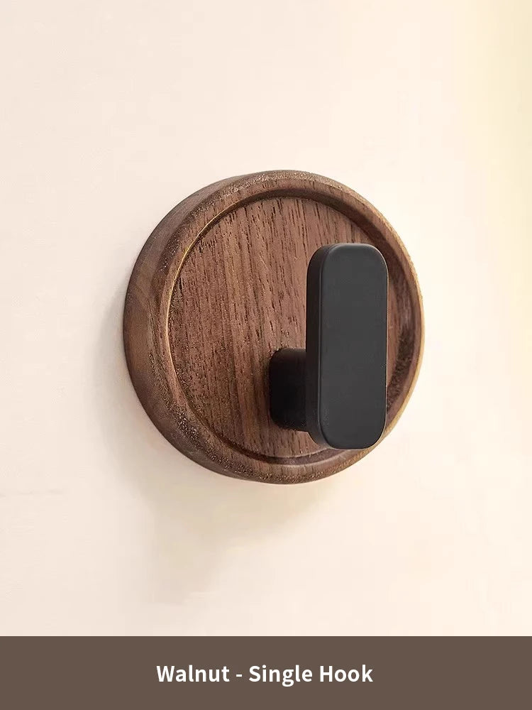 Walnut wood coat rack hooks black wall hangers for hanging keys clothes bathroom robe and towels entryway， no drilling