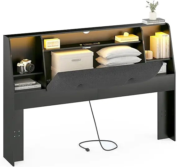 Headboard queen size with storage upholstered wood bookcase charging station & 2 led lights (white queen-soft) - black
