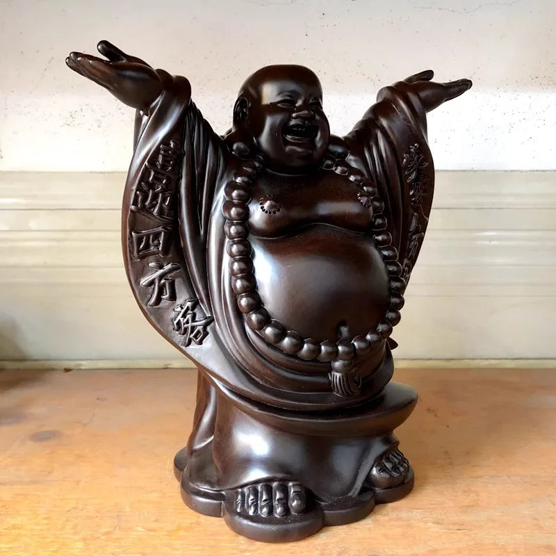 Hand carved ebony wood happy buddha statue figurine - laughing maitreya big belly ornament prosperity fortune home