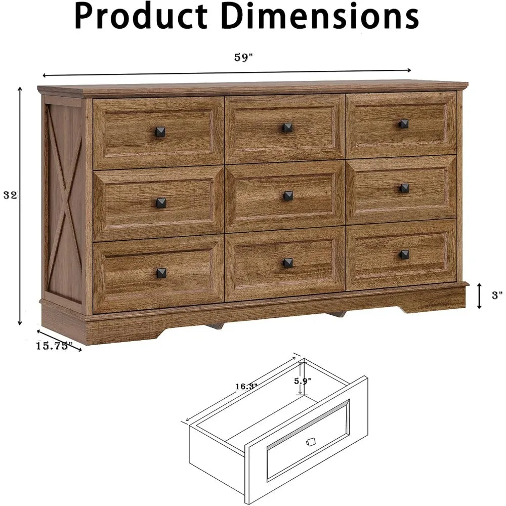 Farmhouse 9 drawer dresser dressers chest of for bedroom organizer storage 59’’ wide wood