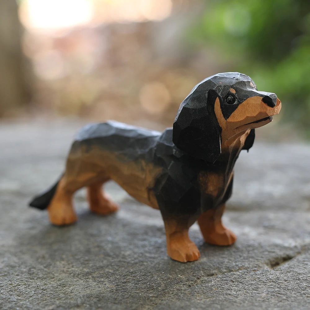 Wood carved dog simulation dachshund animal model small ornament gifts home car decor ornaments dog resin - black