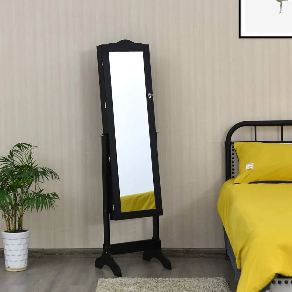 Jewelry armoire organizer with full length mirror 14 leds floor standing cabinet 2 drawers 4 adjustable angles