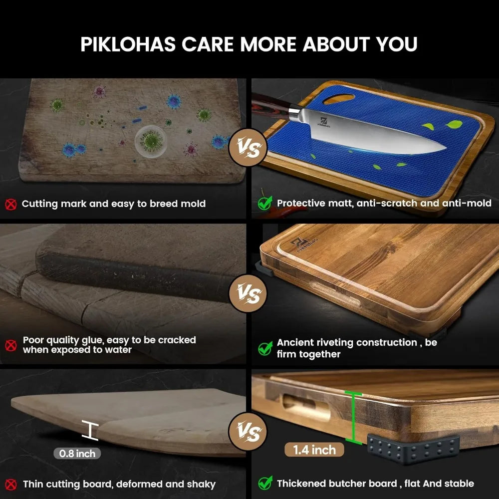 Cutting boards large set of 7 acacia wood charcuterie chopping board for kitchen with holder non slip feet plastic