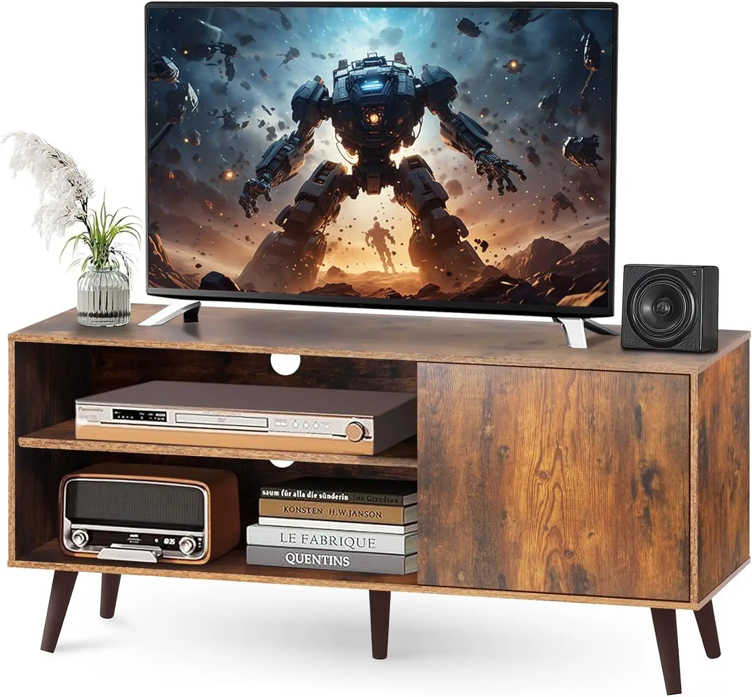 White wood television stand 1 cabinet modern entertainment center with storage for bedroom - retro brown / united states