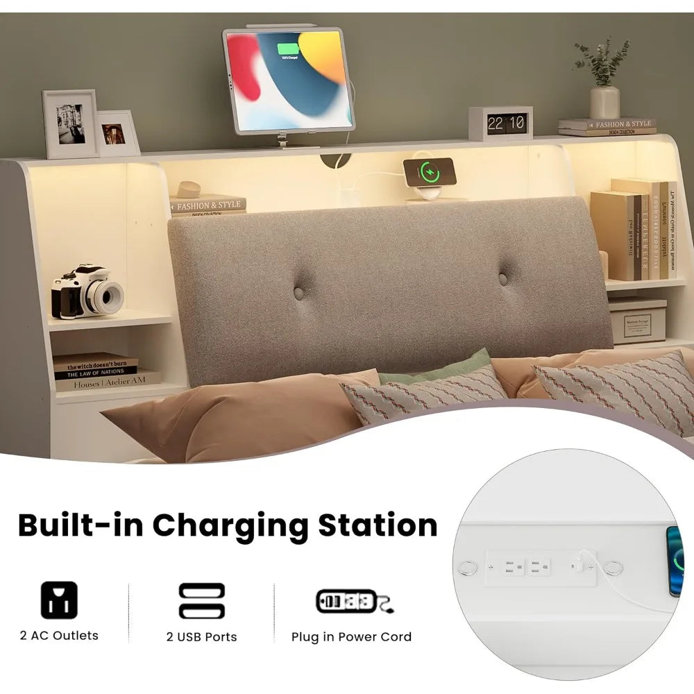 Headboard queen size with storage upholstered wood bookcase charging station & 2 led lights (white queen-soft)