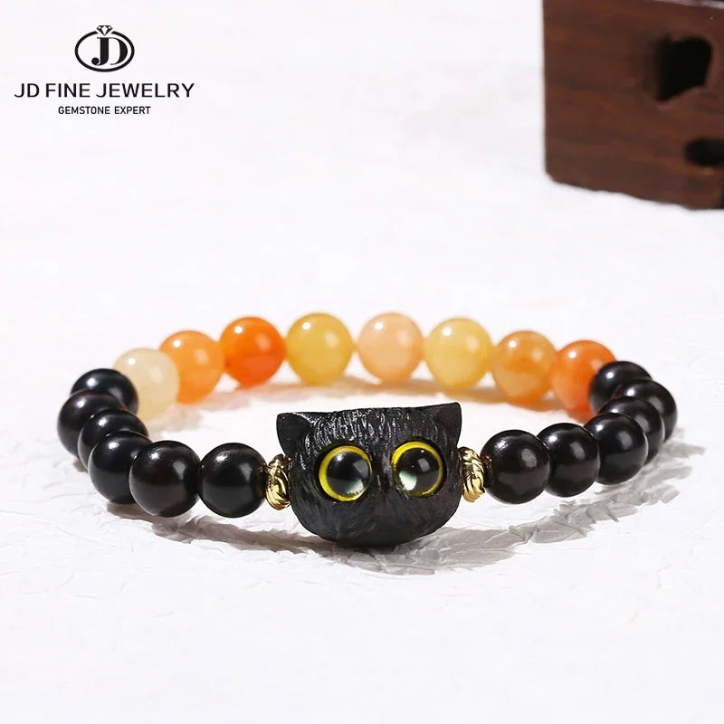 Jd natural wooden bodhi beaded cut cat paw bracelet women men cartoon handmade stretch bangles couple girls jewelry