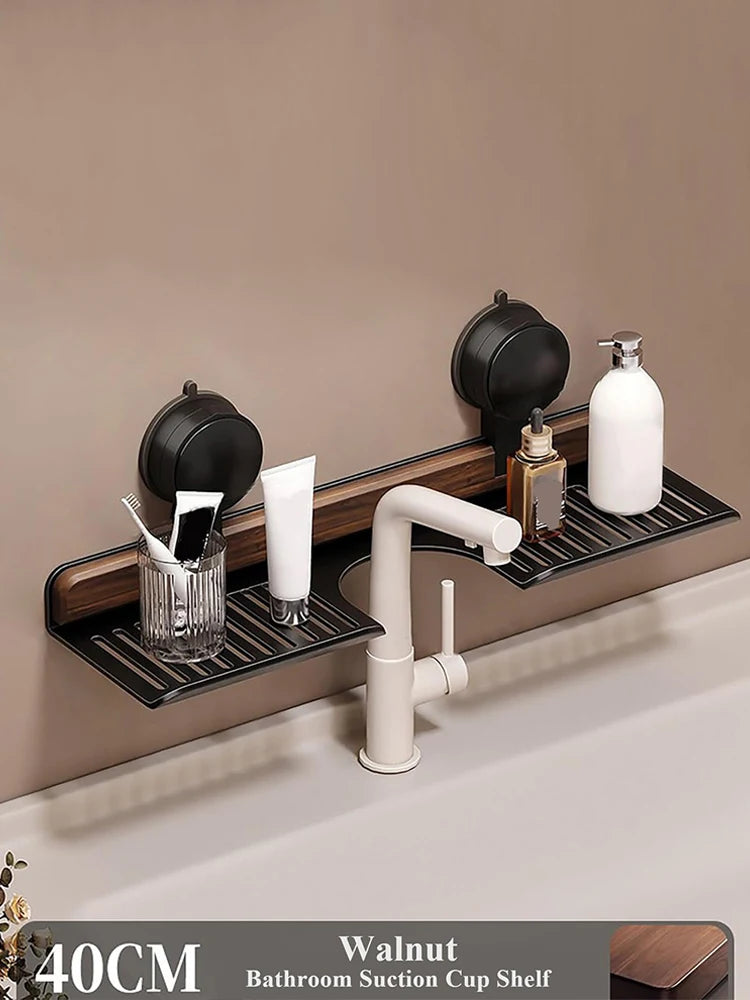 Walnut suction cup bathroom shelf faucet organizer rack no drilling wall mounted sink