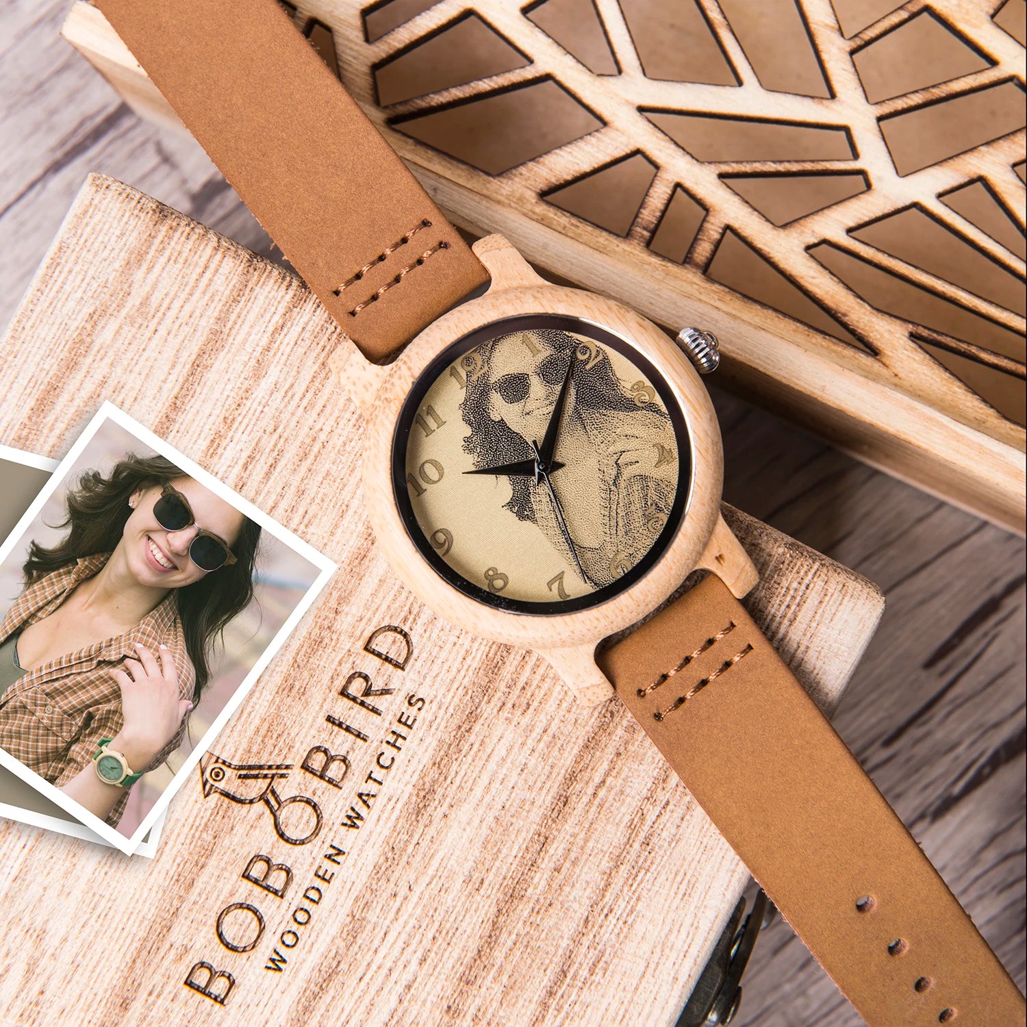 Bobo bird custom wooden watch personalized photo couple fashion casual gift for him anniversary present support