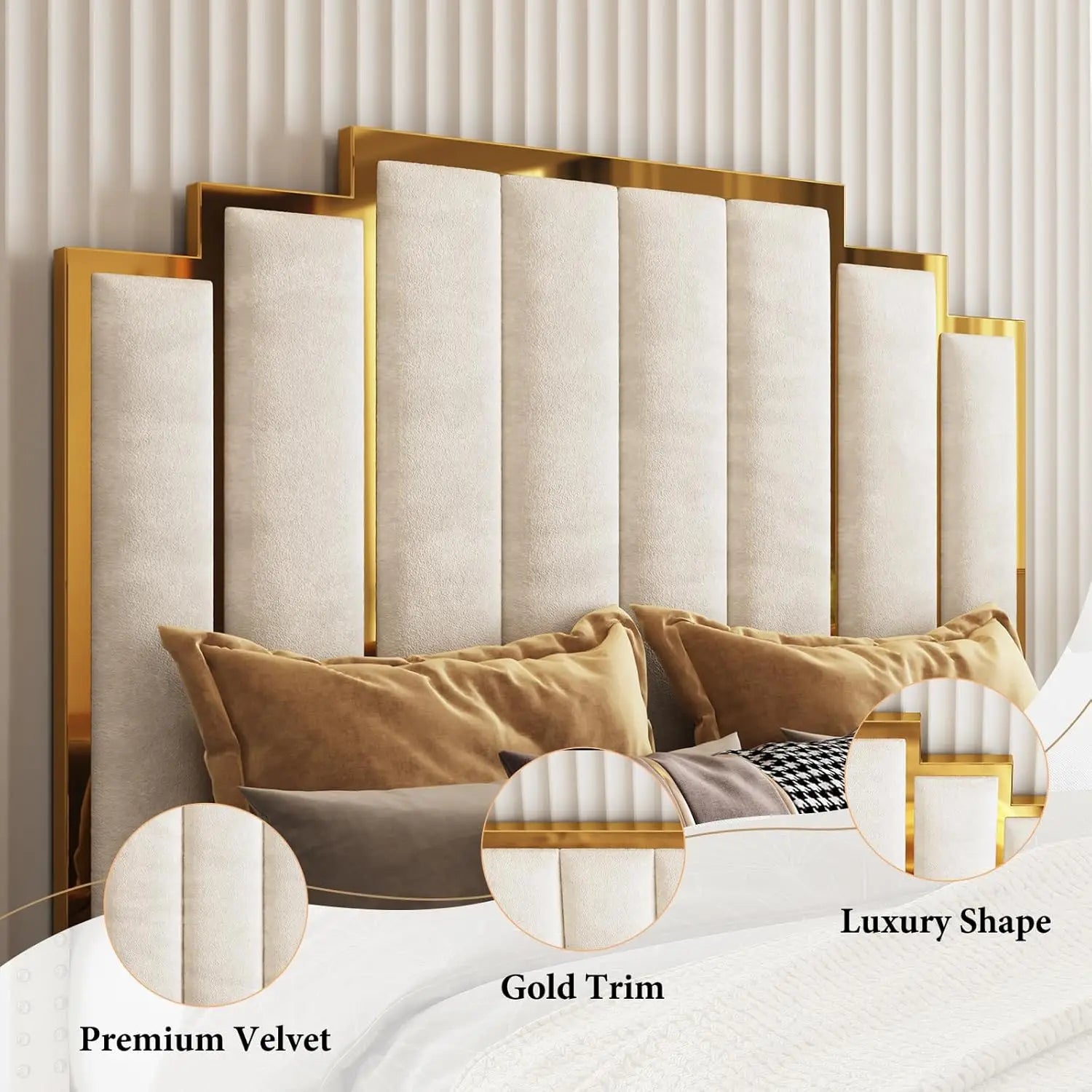 Upholstered bed modern velvet frame with 61.4\u201d tall gold trim headboard no box spring needed cream - queenblack