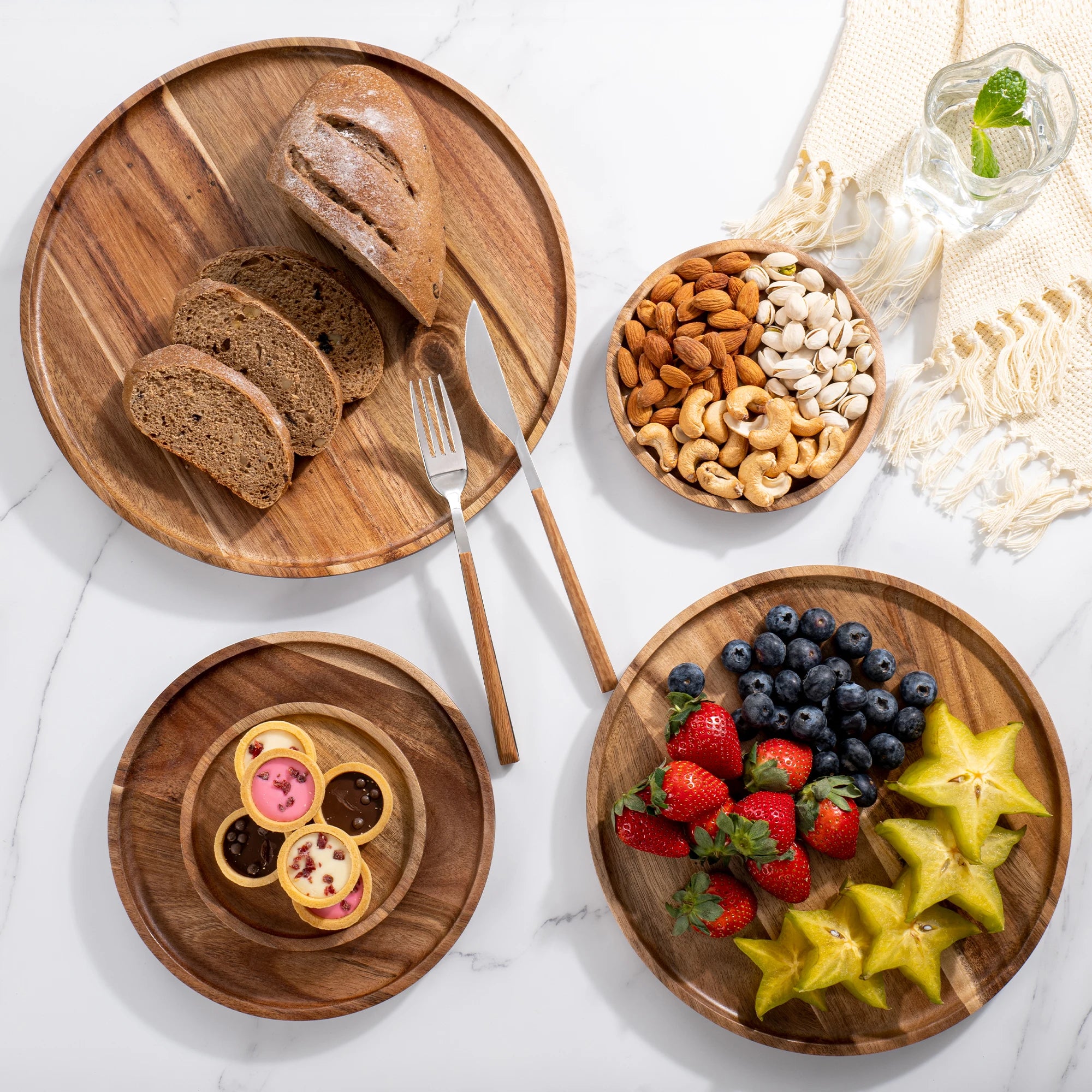 12.5/15/20/25/30cm round serving platter tray acacia wood pizza salad plate fruit dessert bread cake container snacks