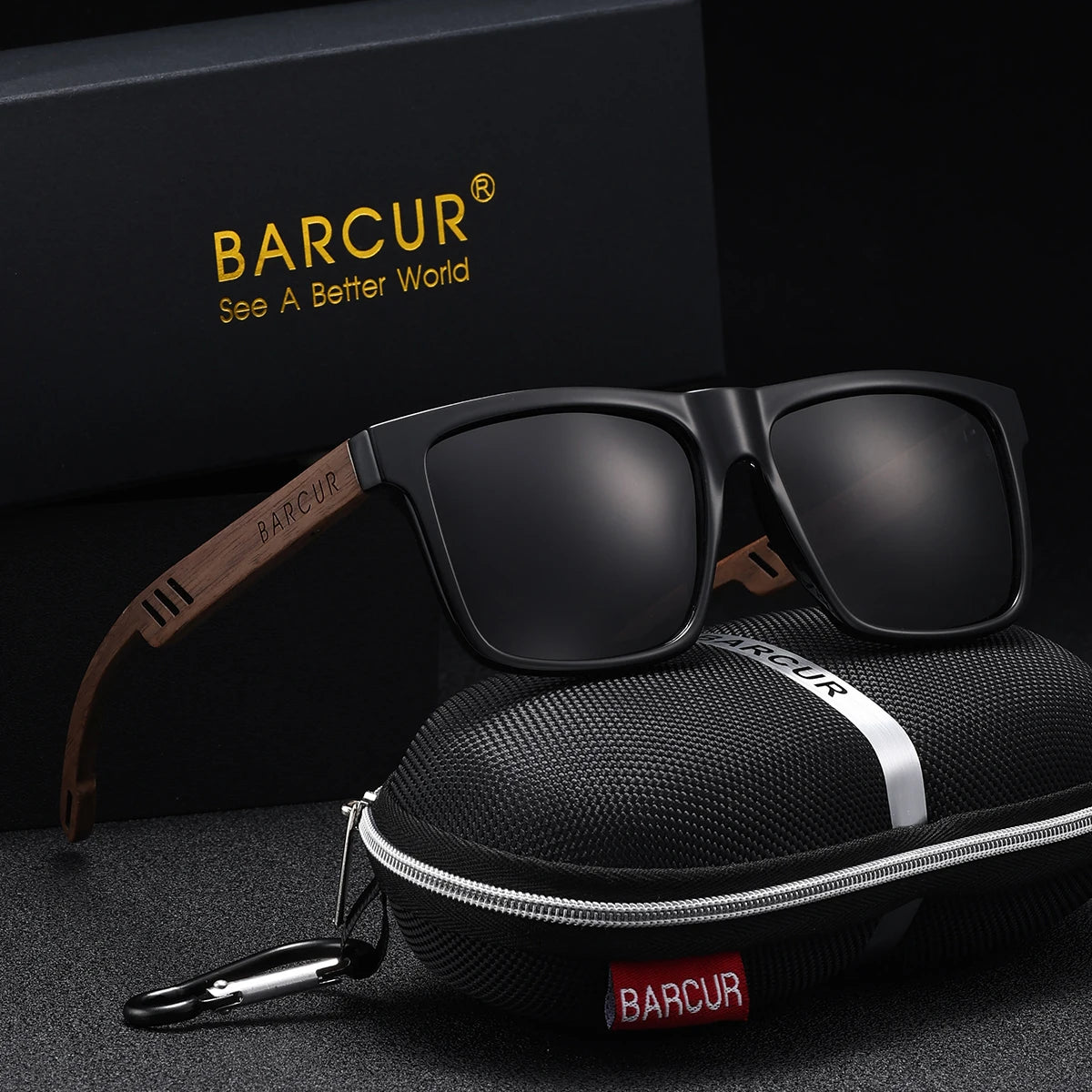 Barcur retro imitation wood grain square men’s polarized sunglasses full frame advanced design uv400 women - glossblack