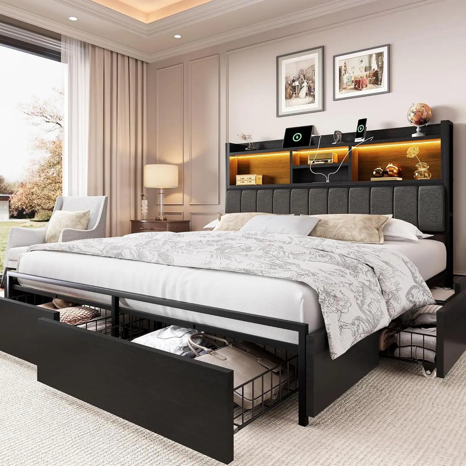 King size storage bed frame – 6 built-in drawers wooden headboard & led lights with charging station - black and grey