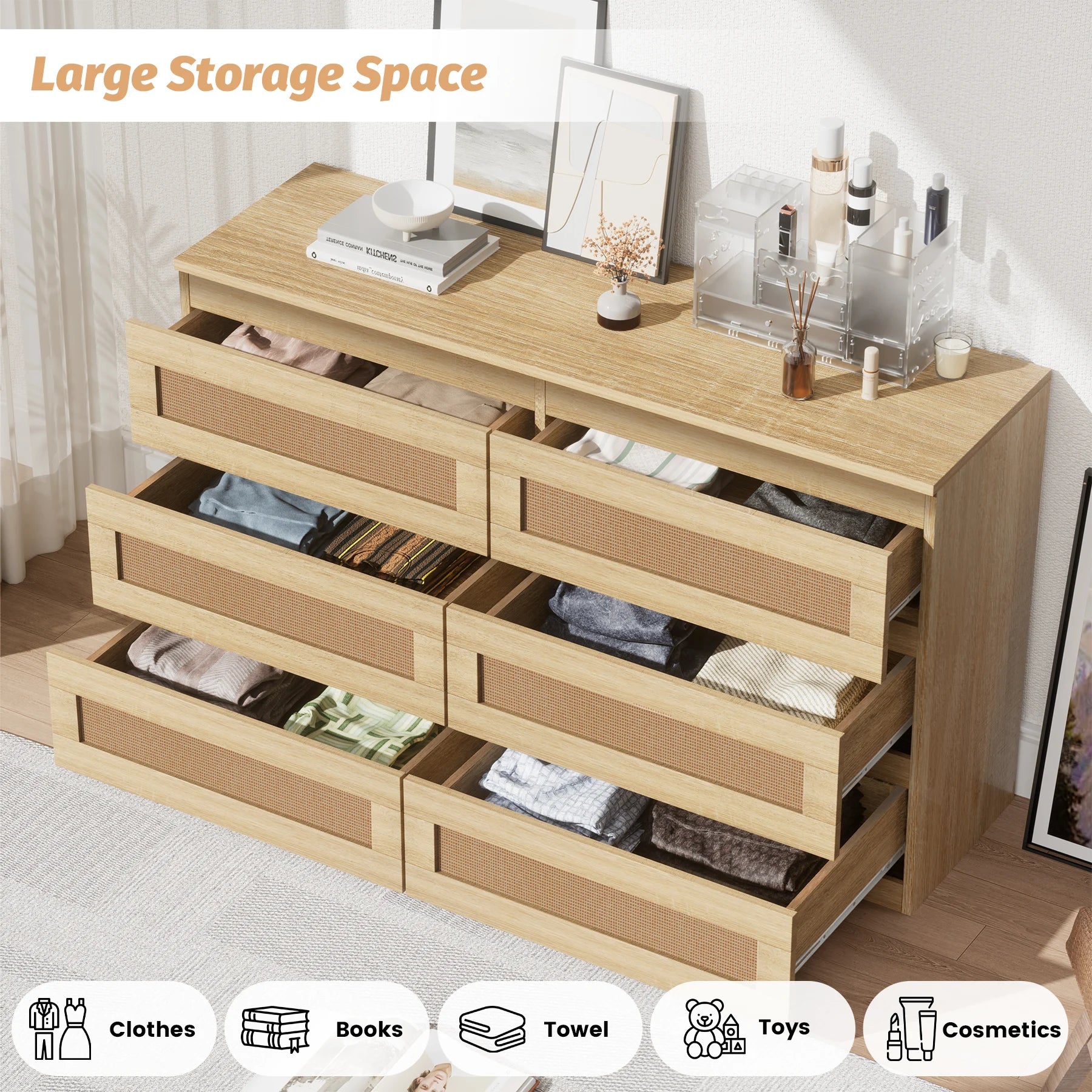 Rattan dresser for bedroom 6 drawer modern wide chest of drawers with anti-tip kit wood storage