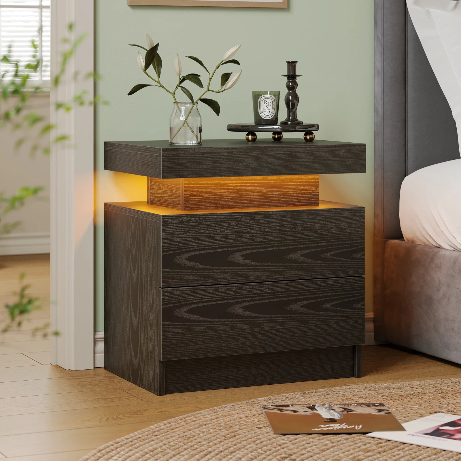Cubehom led nightstands with 2 drawers end table rgb lights for bedroom living room white bedside - black wood grain