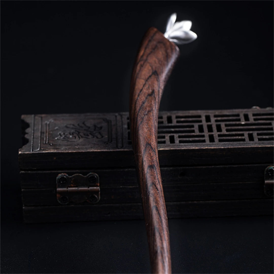 New 100% s925 pure silver women’s men retro hairpin ebony wood magnolia blossom chinese style hanfu hair accessories