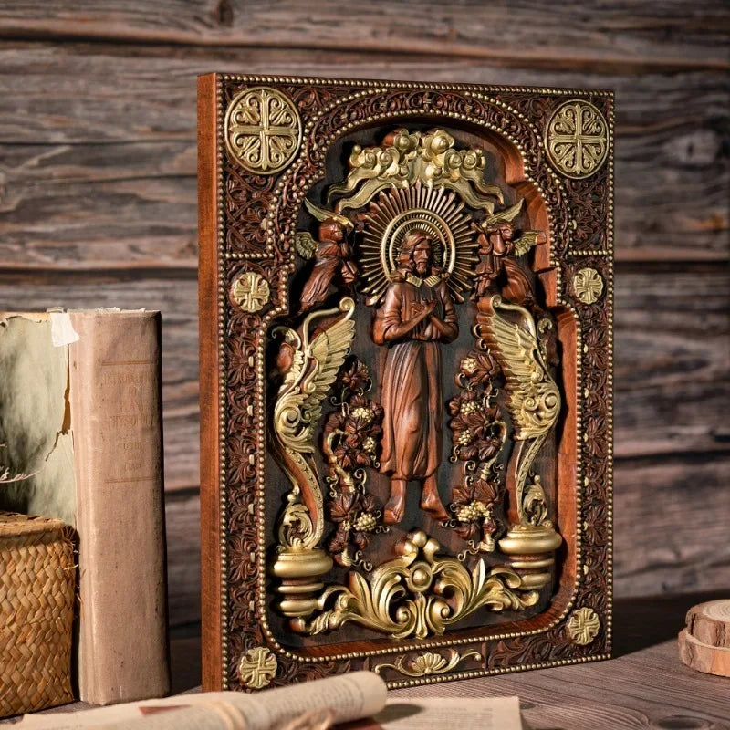 Chinese jesus christ icon of ascension wooden and lion home living statue - gold / high 35cm - religious (christian)