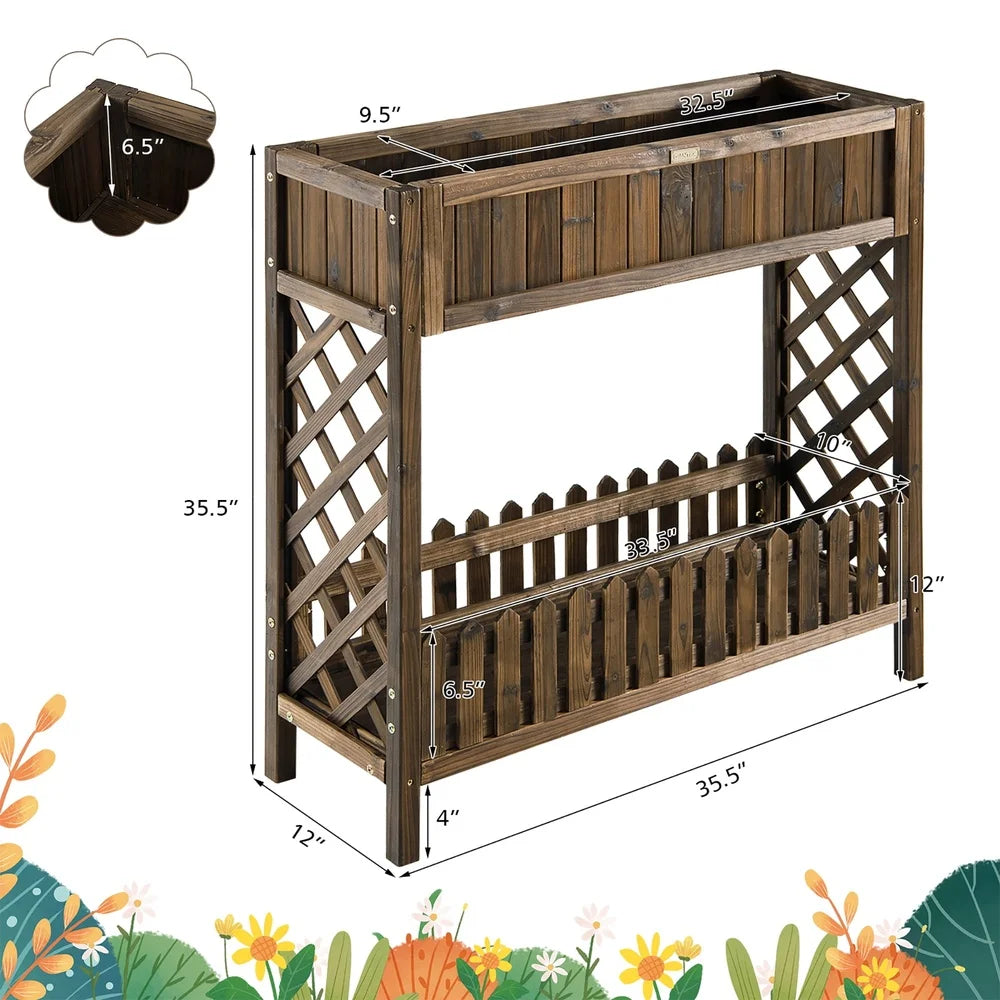 2-tier wooden raised garden bed planter box with bottom storage shelf vegetables fruits herbs ergonomic height design