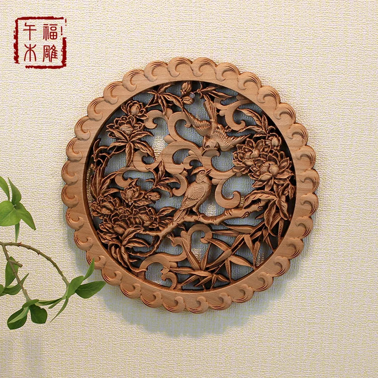 Chinese style wooden wall art camphor wood carving round floral bird decor for living room & bedroom decoration