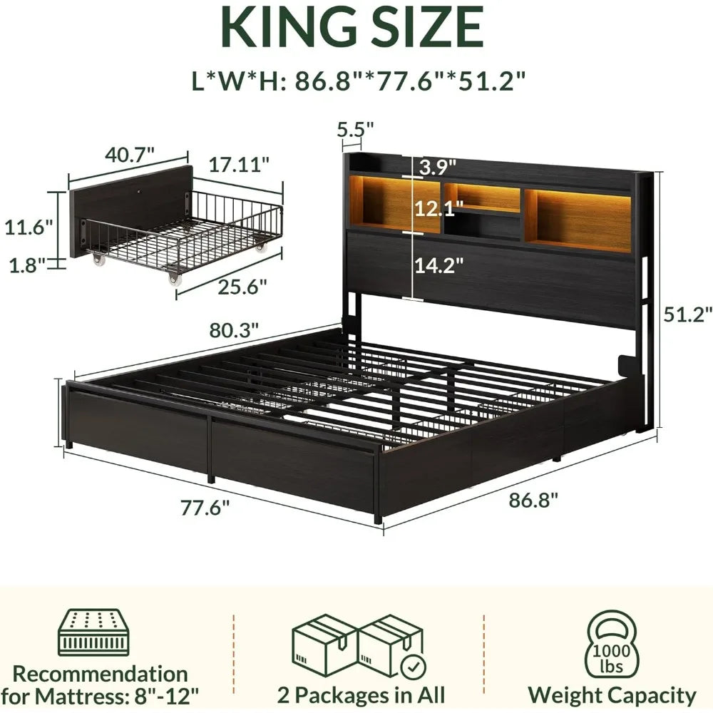 King size storage bed frame – 6 built-in drawers wooden headboard & led lights with charging station