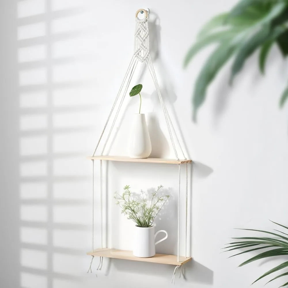 Macrame wall hanging shelves boho room decor 2 tier handmade cotton rope rustic wood corner floating with hooks deco