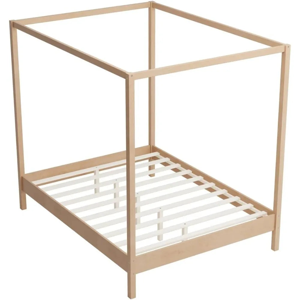 Queen size solid wood four poster canopy bed frame with platform slats support - light natural / united states