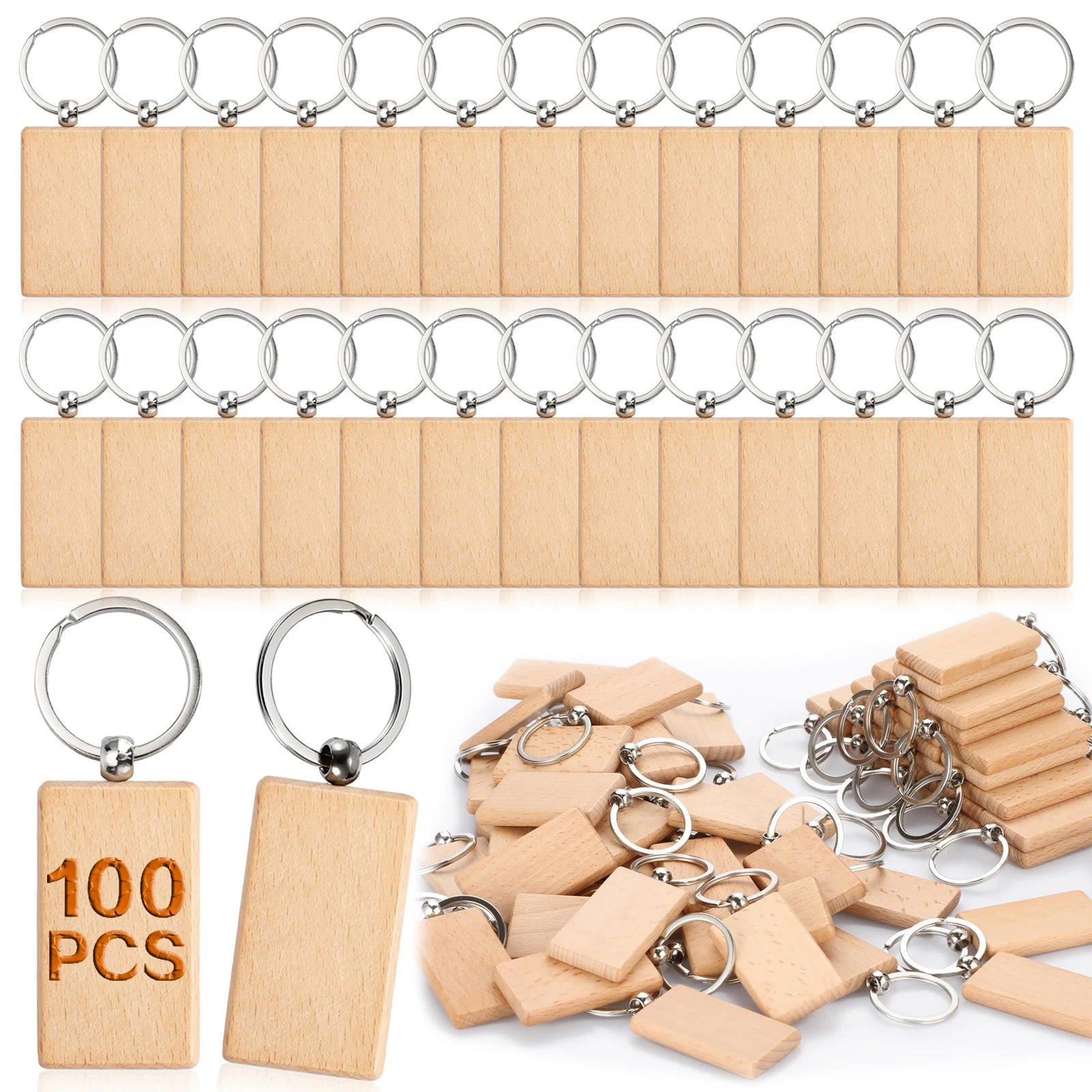 100pcs rectangular blank wooden keychain wood key chains ring suitable for gift - x - chain