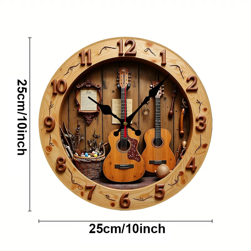 Guitar & music wooden round silent hanging wall clock suitable for living room office study bedroom home decoration