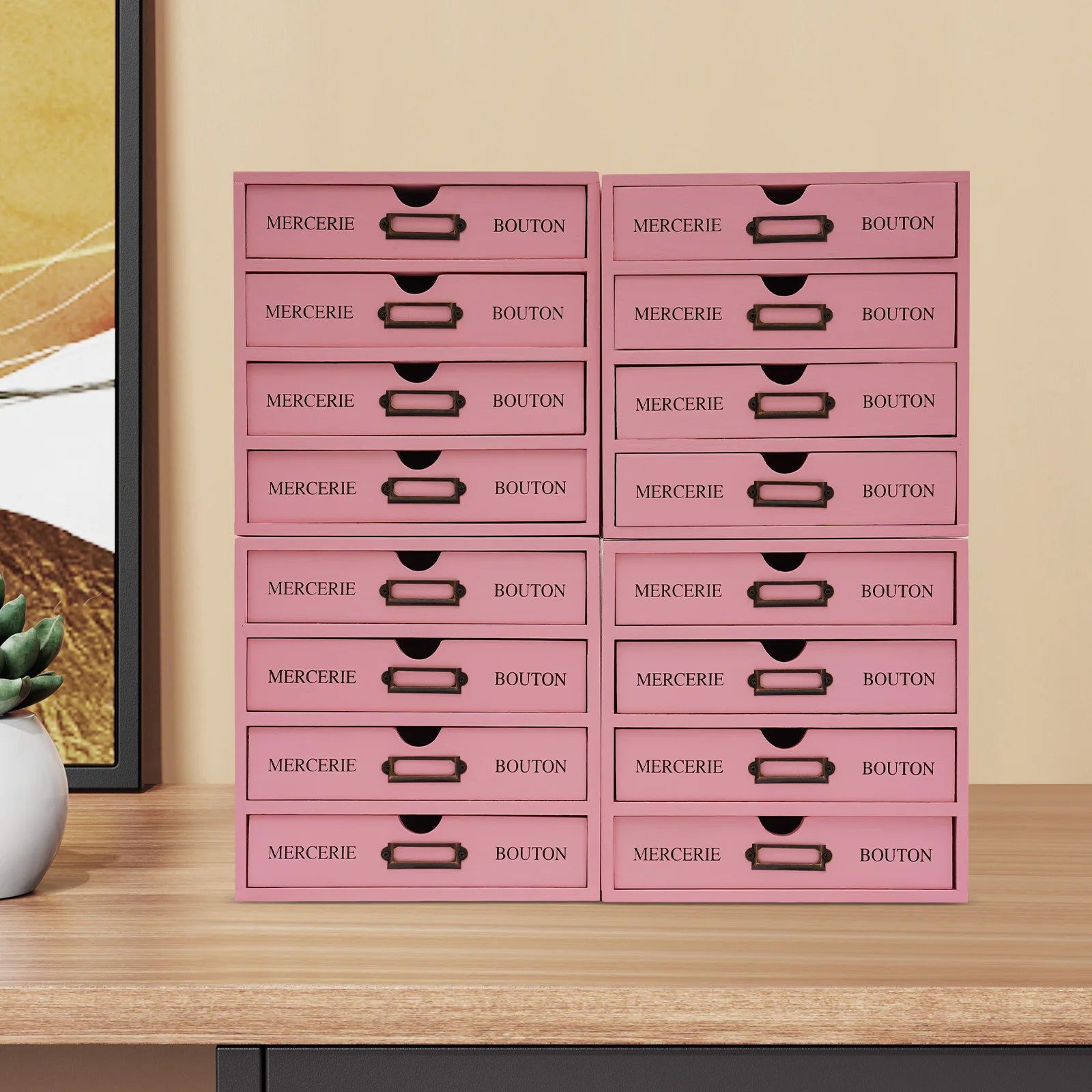 Pink 16-drawer wooden storage box 16-slot file multi level countertop drawer organizer - united states / 16-20 cells