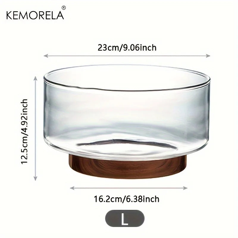 Glass fruit bowl creative large salad wood base snacks popcorn nuts storage bowls home christmas snack container - l