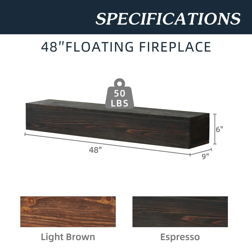 48’’ rustic wood fireplace mantel wall-mounted & floating shelf for home decor - united states / flash sale brown