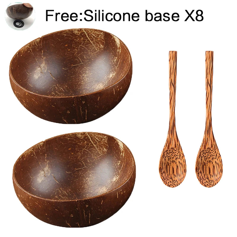 Coconut bowl set natural handmade shell tableware wood spoon dessert fruit salad mixing rice ramen wooden bamboo - 2