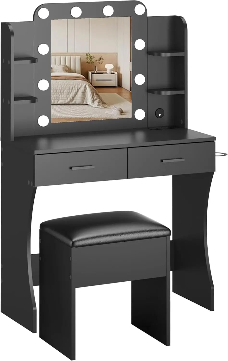 Vanity desk set with mirror led lights and power outlet makeup table 2 large drawers round holder dressing - black