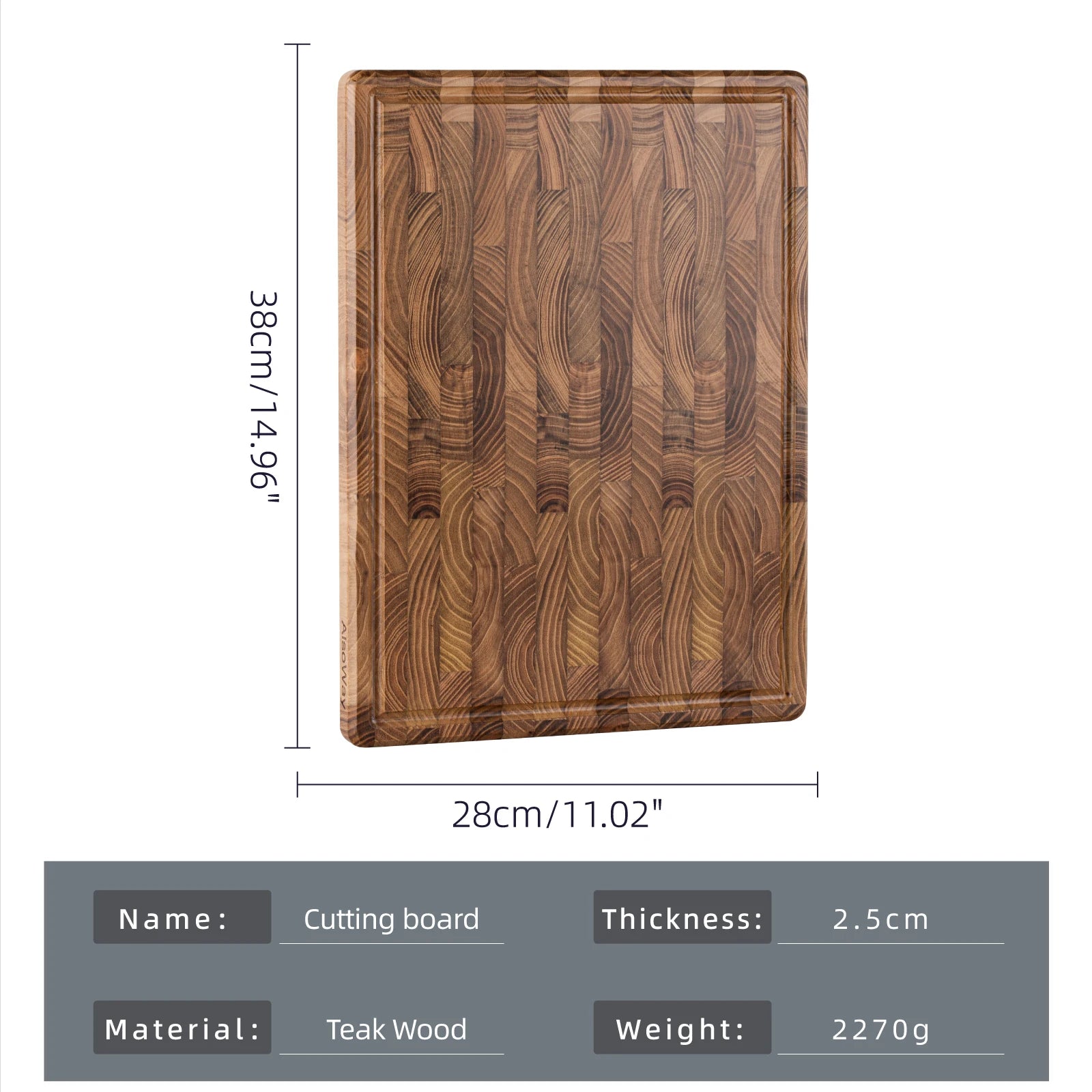 Teak wooden end grain cutting board butcher block chopping multipurpose for kitchen with juice groove & inner handles