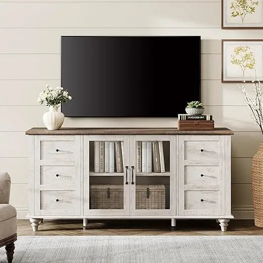 Glass door farmhouse tv stand for tvs up to 75 inch wood universal console table with 4 storage cabinets entertainment