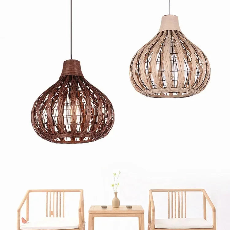 Knitted wicker birdcage rattan lampshade vintage hand pendant lamp retro coffee shop restaurant bar wood hanging lamp