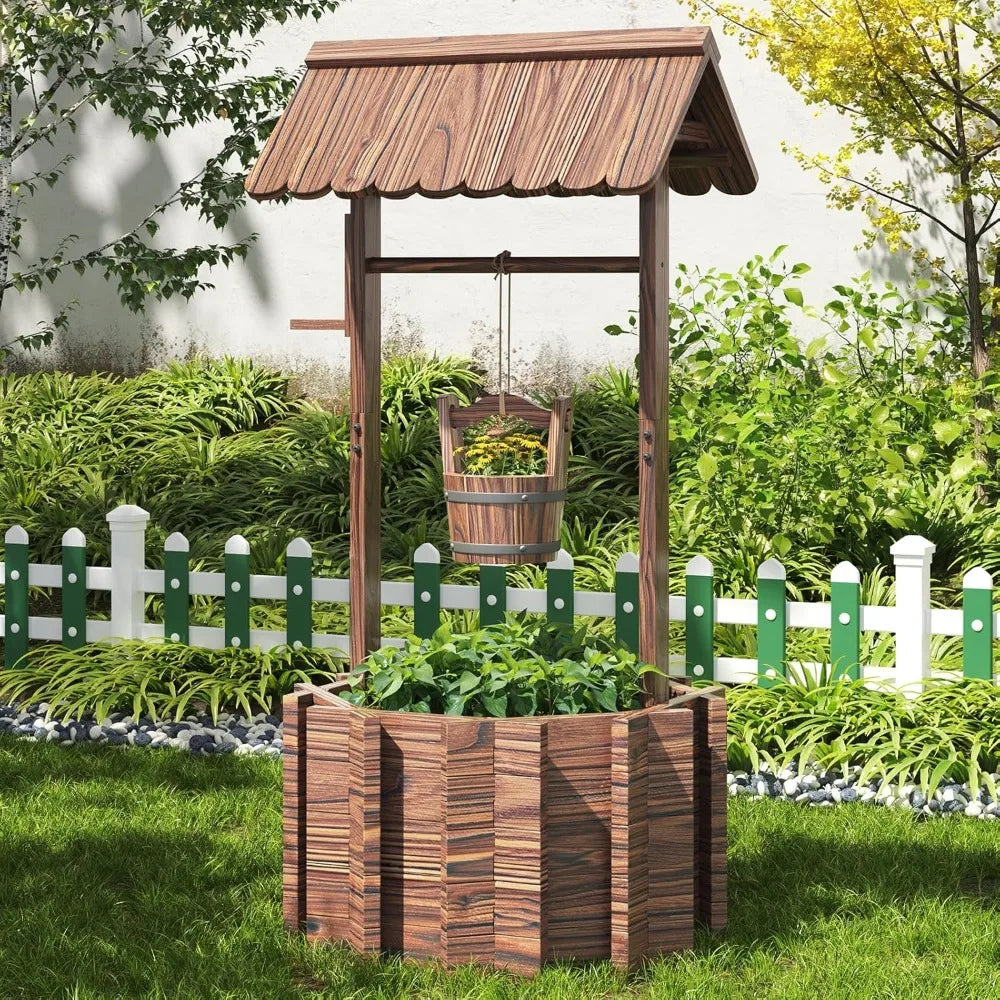 Oneinmil outdoor wooden wishing well planter with hanging bucket for flower and plants home decor patio,garden