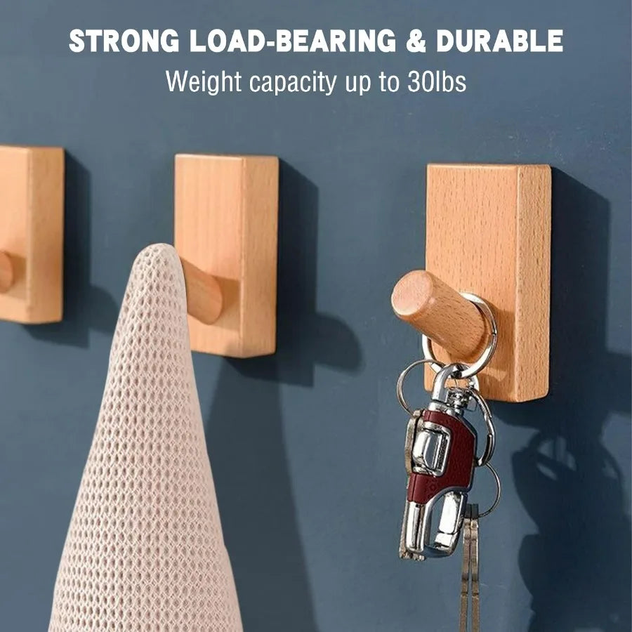 Wood coat hooks wall mounted 4 pack heavy duty natural beech for hanging robe towel and hat in bathroom bedroom