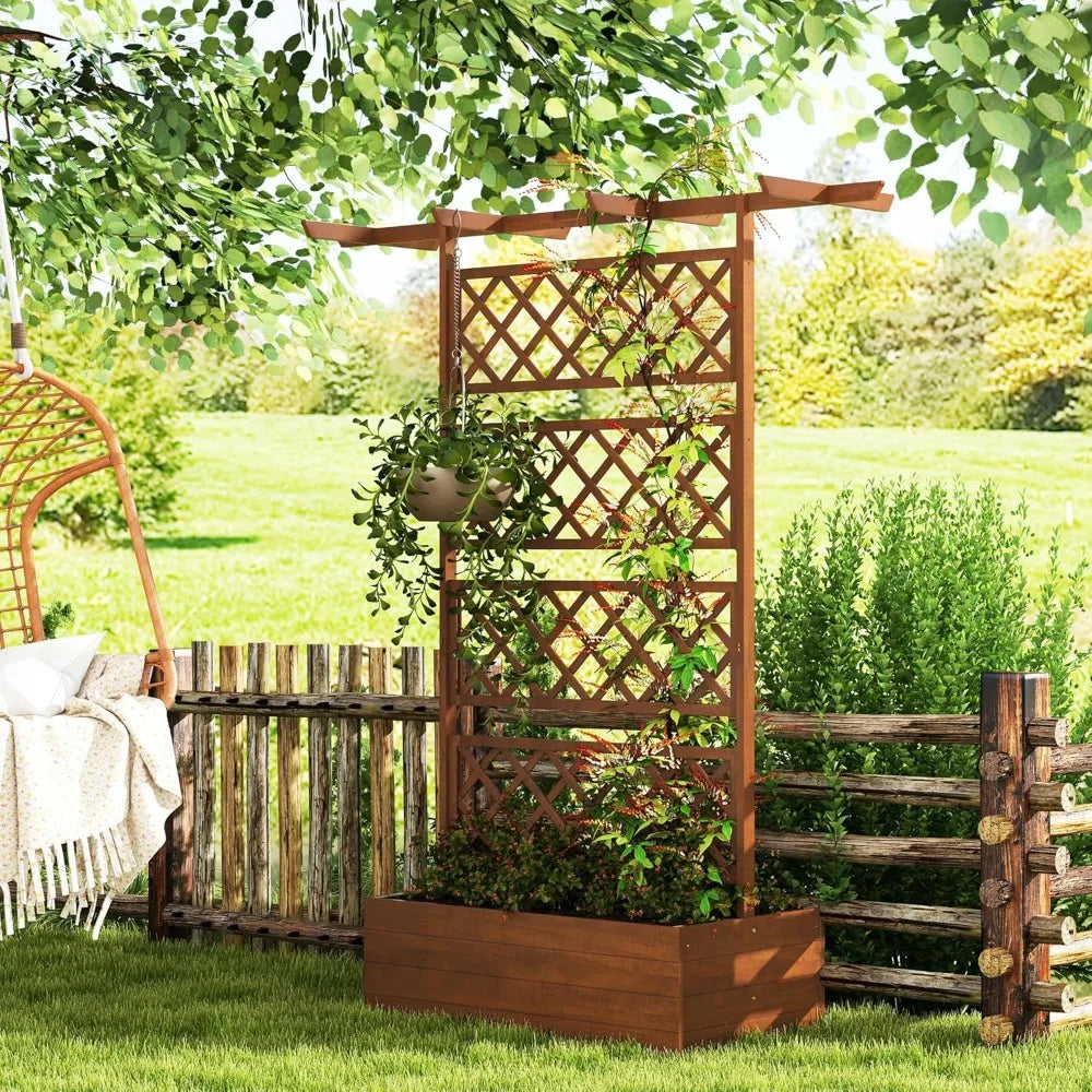 Wood planter with trellis raised garden bed privacy screen box for climbing plants vines vegetables - united states
