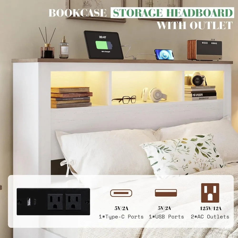 Albott farmhouse king size bed frame with storage bookcase headboard and footboard wood platform sl - white / united