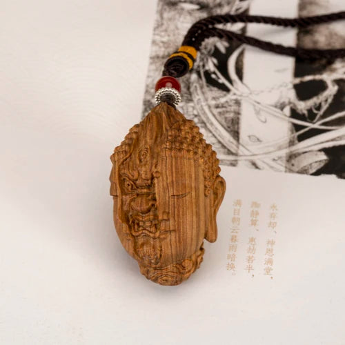 Hand carved wooden buddha demon head duality pendant charm keychain spiritual art figurine ornament car bag hanging